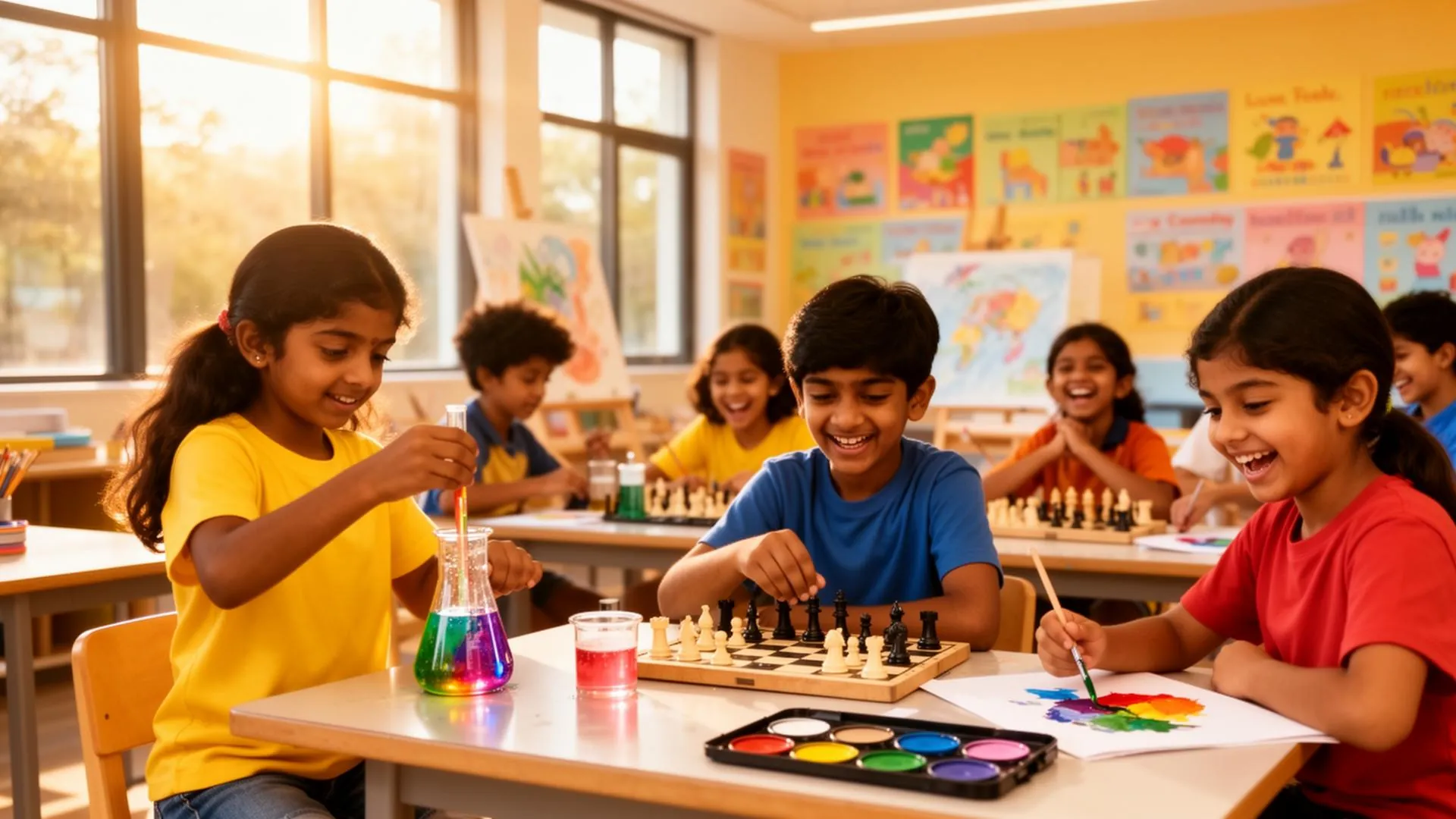 Children doing science experiments, chess and art at summer camp